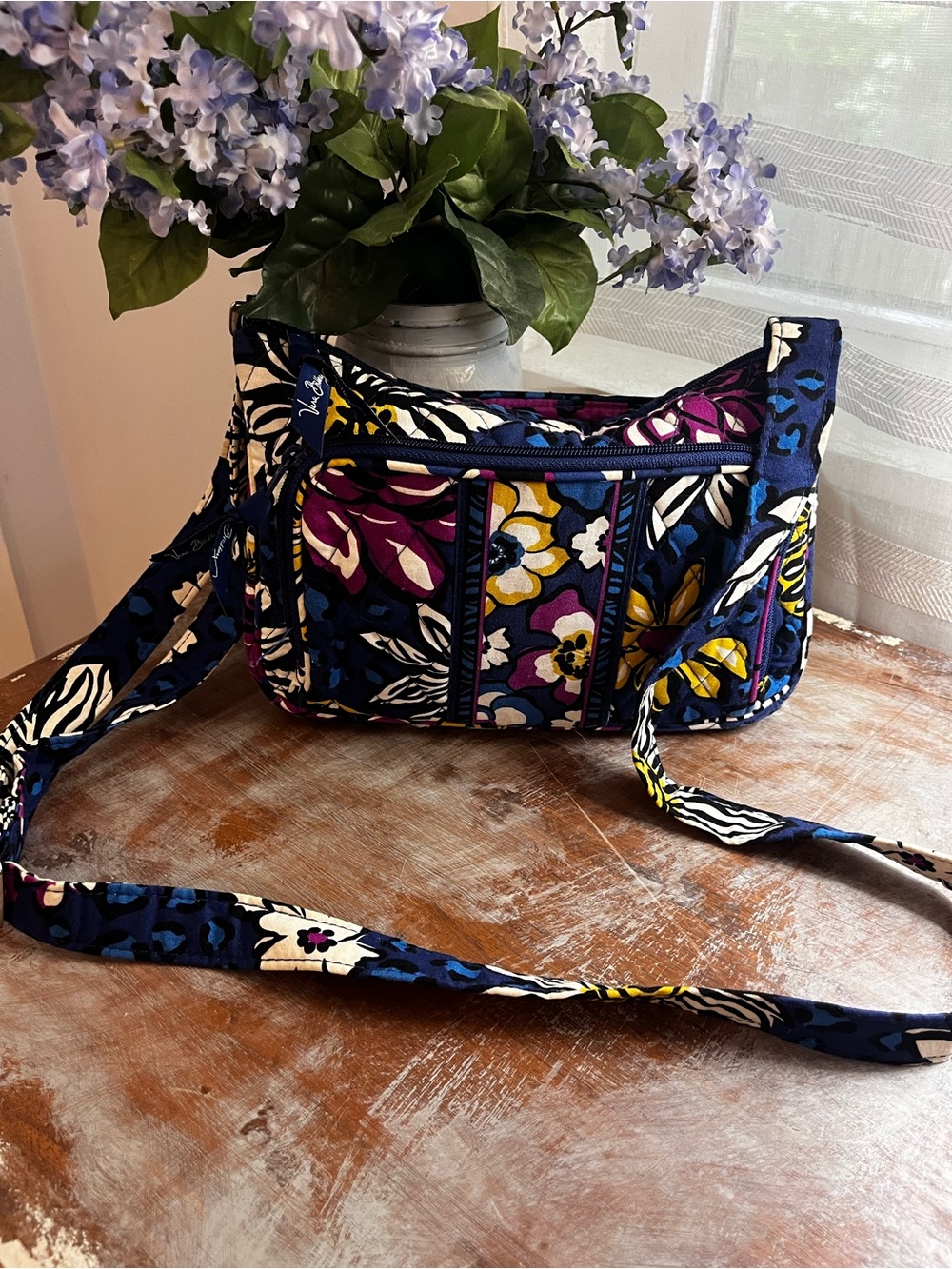 Vera Bradley Navy Floral Quilted Crossbody with Purple & Yellow Accents